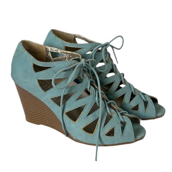 Jun & Ivy Kirra Wedge 4” Heel Sandal Lace Up Open Toe Light Blue Suede Size 7.5M - Picture 10 of 10